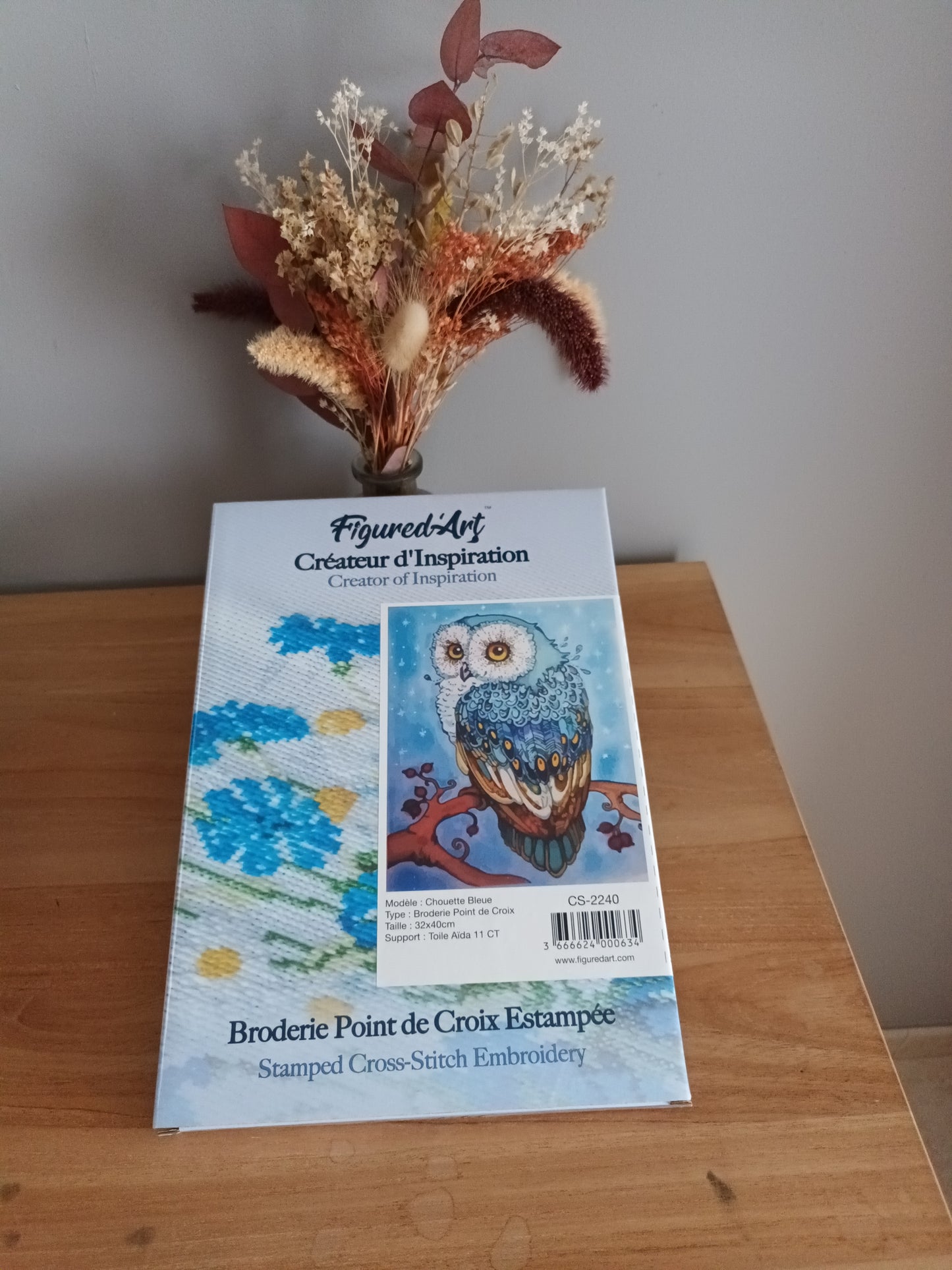 Kit point de croix estampé CHOUETTE BLEUE